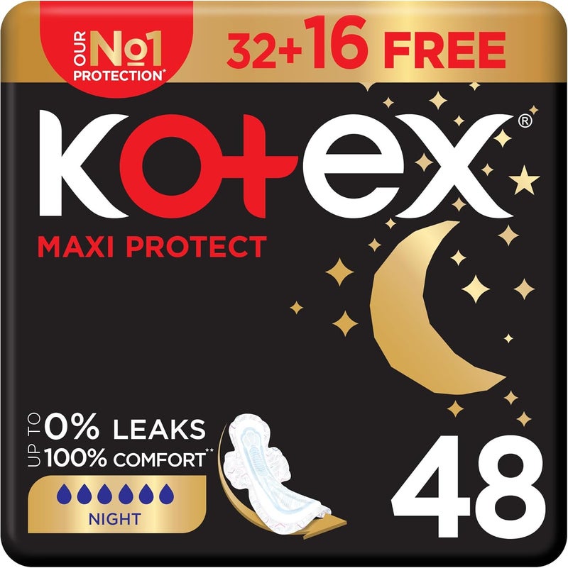 Kotex Maxi Protect Thick Pads, Overnight Protection Sanitary Pads with Wings, 48 - Image 1